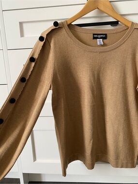 Karl Lagerfeld Camel Knit Crewneck Sweater with Black Button Trim